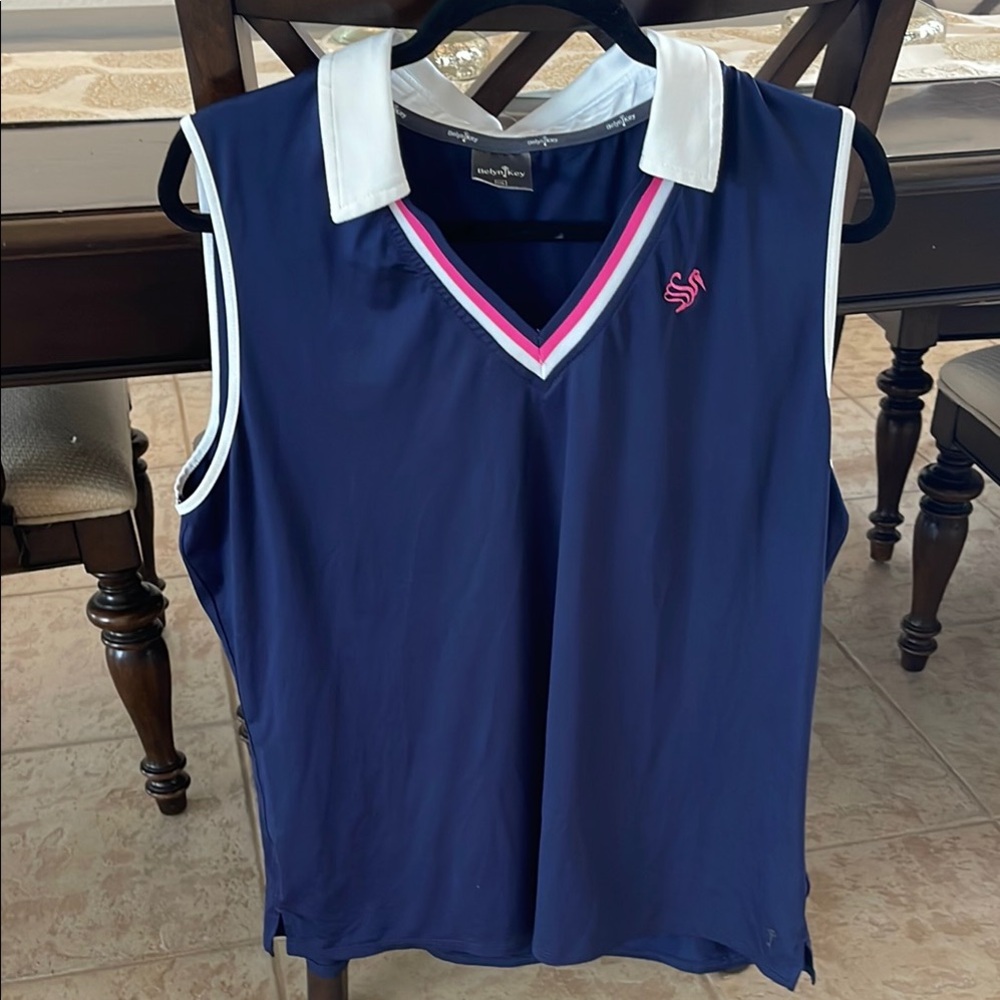 Belyn Key - Sabrina, Navy Blue and Hot Pink Sleeveless Collared Golf Top